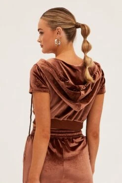 Brown Velour Short Sleeve Zip Lounge Hoodie -Modern Fashion Shop oj12900 f3 chocolate 5