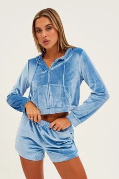 Blue Velvet Jacket Long Sleeve Hoodie -Modern Fashion Shop oj13074x f3 blue 3