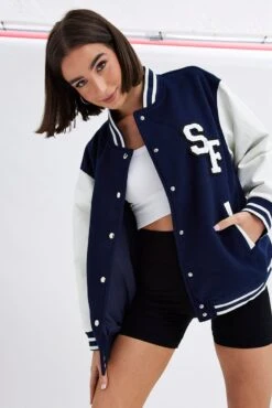 Blue Varsity Jacket Long Sleeves Embroidery Details