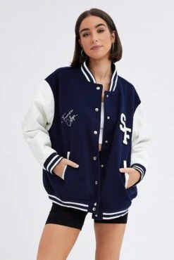 Blue Varsity Jacket Long Sleeves Embroidery Details -Modern Fashion Shop oj1343 34m navy 3