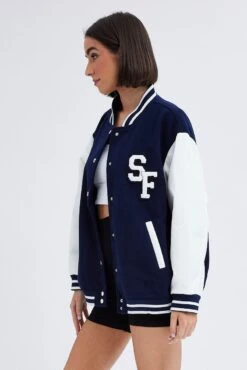 Blue Varsity Jacket Long Sleeves Embroidery Details -Modern Fashion Shop oj1343 34m navy 4