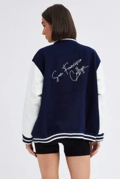 Blue Varsity Jacket Long Sleeves Embroidery Details -Modern Fashion Shop oj1343 34m navy 5