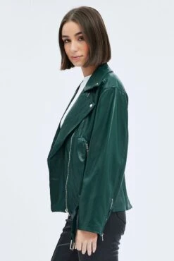 Green Jacket Long Sleeve Collared Faux Leather -Modern Fashion Shop oj1418 33wb hunter 4