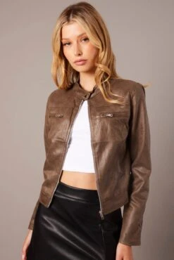 Brown Jacket Long Sleeve Crop Faux Leather -Modern Fashion Shop oj1431 33wb chocolate 3