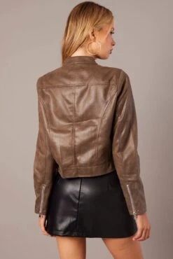 Brown Jacket Long Sleeve Crop Faux Leather -Modern Fashion Shop oj1431 33wb chocolate 5