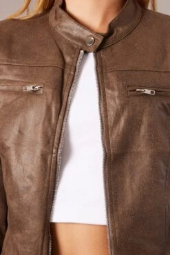 Brown Jacket Long Sleeve Crop Faux Leather -Modern Fashion Shop oj1431 33wb chocolate 6