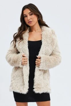 Camel Jacket Long Sleeves Collared Faux Fur -Modern Fashion Shop oj1460 33w beige 3