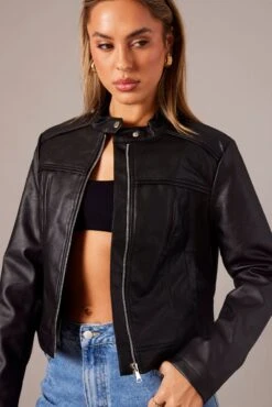 Black Jacket Long Sleeve Zip Faux Leather -Modern Fashion Shop oj1485 66wb black 3