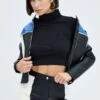 Black Jacket Colour Block Long Sleeve Zip Faux Leather -Modern Fashion Shop oj1485x 66w black 1
