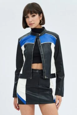 Black Jacket Colour Block Long Sleeve Zip Faux Leather -Modern Fashion Shop oj1485x 66w black 3