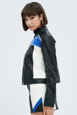 Black Jacket Colour Block Long Sleeve Zip Faux Leather -Modern Fashion Shop oj1485x 66w black 4