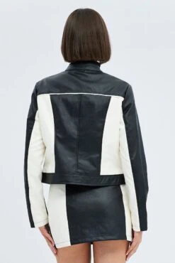 Black Jacket Colour Block Long Sleeve Zip Faux Leather -Modern Fashion Shop oj1485x 66w black 5