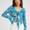 Blue Abstract Mesh Cardigan Long Sleeve