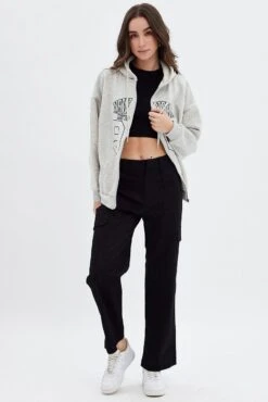 Grey Hoodie Zip Long Sleeve New York Embroidery -Modern Fashion Shop oj1853b 84m grey marle 3