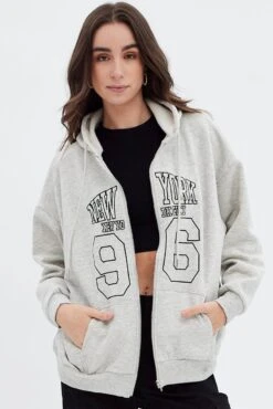 Grey Hoodie Zip Long Sleeve New York Embroidery -Modern Fashion Shop oj1853b 84m grey marle 4