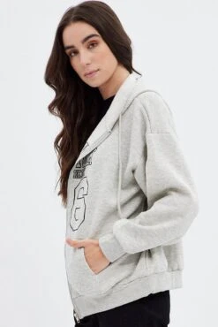Grey Hoodie Zip Long Sleeve New York Embroidery -Modern Fashion Shop oj1853b 84m grey marle 5
