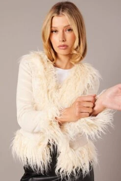 Beige Faux Fur Jacket Long Sleeves -Modern Fashion Shop oj5021 33w beige 3