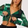 Green Abstract Tie Up Cardigan Long Sleeve