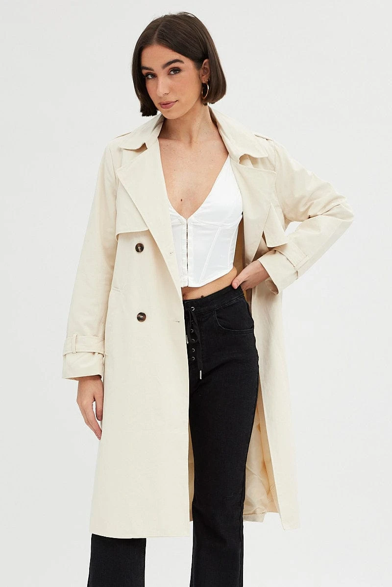 Beige Trench Coat Long Sleeves Cotton 4 Beige Trench Coat Long Sleeves Cotton - Image 2