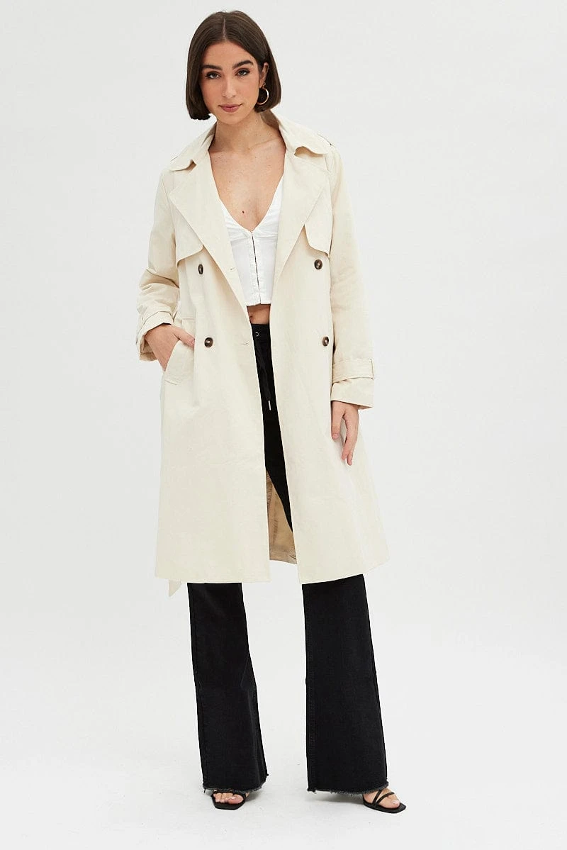 Beige Trench Coat Long Sleeves Cotton 5 Beige Trench Coat Long Sleeves Cotton - Image 3