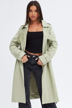 Green Trench Coat Long Sleeves Cotton -Modern Fashion Shop oj8010 66mb khaki 3