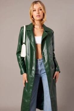 Green Trench Coat Long Sleeves Faux Leather -Modern Fashion Shop oj8013 66mb forest 3
