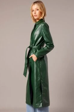 Green Trench Coat Long Sleeves Faux Leather -Modern Fashion Shop oj8013 66mb forest 4
