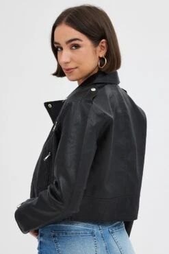 Black Faux Leather Biker Jacket Long Sleeves -Modern Fashion Shop oj9035 66m black 5
