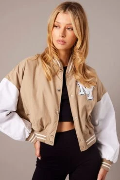 Beige Cropped Varsity Bomber Jacket -Modern Fashion Shop oj9131a 34mb beige 3