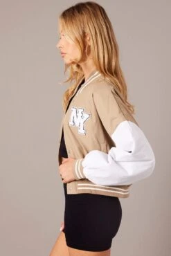 Beige Cropped Varsity Bomber Jacket -Modern Fashion Shop oj9131a 34mb beige 4