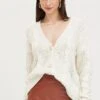 White Knit Cardigan Long Sleeve Relaxed Cable