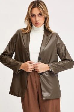 Brown Faux Leather Jacket Long Sleeve Oversized -Modern Fashion Shop pu jacket brown faux leather jacket long sleeve oversized 32966600949953