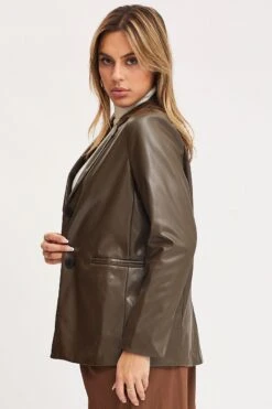 Brown Faux Leather Jacket Long Sleeve Oversized -Modern Fashion Shop pu jacket brown faux leather jacket long sleeve oversized 32966600982721