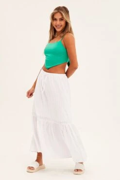 White Midi Skirt Tiered Textured Thin Tie Waist