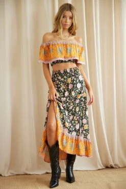 Boho Print High-Low Button Front Midi Skirt -Modern Fashion Shop sl5103x 81cb boho prt 3