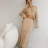 Beige Midi Skirt High Waisted A-line Ladder Knit