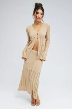 Beige Midi Skirt High Waisted A-line Ladder Knit -Modern Fashion Shop sl6061x 40cb stone 3