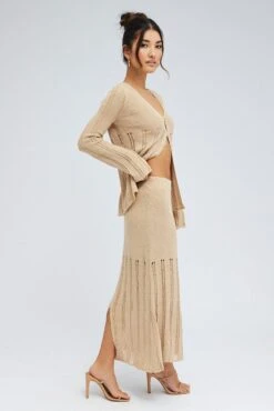 Beige Midi Skirt High Waisted A-line Ladder Knit -Modern Fashion Shop sl6061x 40cb stone 4