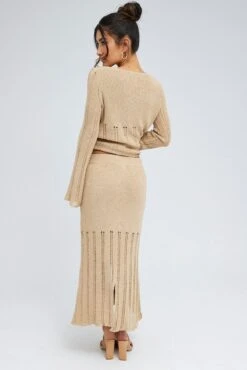 Beige Midi Skirt High Waisted A-line Ladder Knit -Modern Fashion Shop sl6061x 40cb stone 5