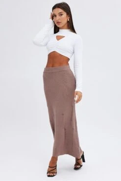 Brown Midi Skirt High Waisted A-line Ladder Knit -Modern Fashion Shop sl8061 40cb mocha 3