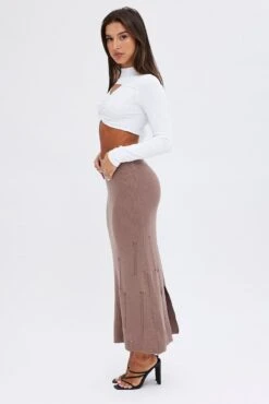 Brown Midi Skirt High Waisted A-line Ladder Knit -Modern Fashion Shop sl8061 40cb mocha 4