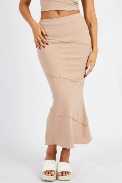 Beige Midi Skirt Bodycon High Rise Rib Jersey