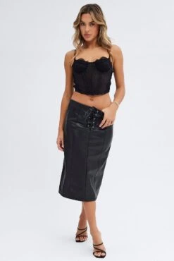 Black Midi Skirt Low Rise Lace Up Front Faux Leather PU -Modern Fashion Shop sm0108 38cb black 3