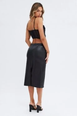 Black Midi Skirt Low Rise Lace Up Front Faux Leather PU -Modern Fashion Shop sm0108 38cb black 5