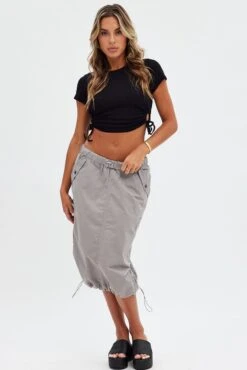 Grey Midi Skirt Mid Rise Cargo Drawstring Elastic Waist -Modern Fashion Shop sm0138 84cb grey 3