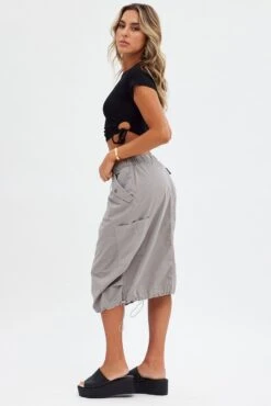 Grey Midi Skirt Mid Rise Cargo Drawstring Elastic Waist -Modern Fashion Shop sm0138 84cb grey 4