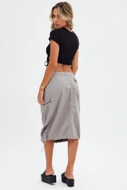 Grey Midi Skirt Mid Rise Cargo Drawstring Elastic Waist -Modern Fashion Shop sm0138 84cb grey 5