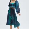 Green Print Midi Skirt High Waisted A-line Panelled Satin -Modern Fashion Shop sm0151x 36cb print 1
