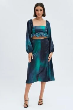 Green Print Midi Skirt High Waisted A-line Panelled Satin -Modern Fashion Shop sm0151x 36cb print 3