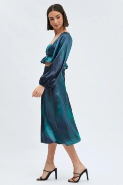 Green Print Midi Skirt High Waisted A-line Panelled Satin -Modern Fashion Shop sm0151x 36cb print 4